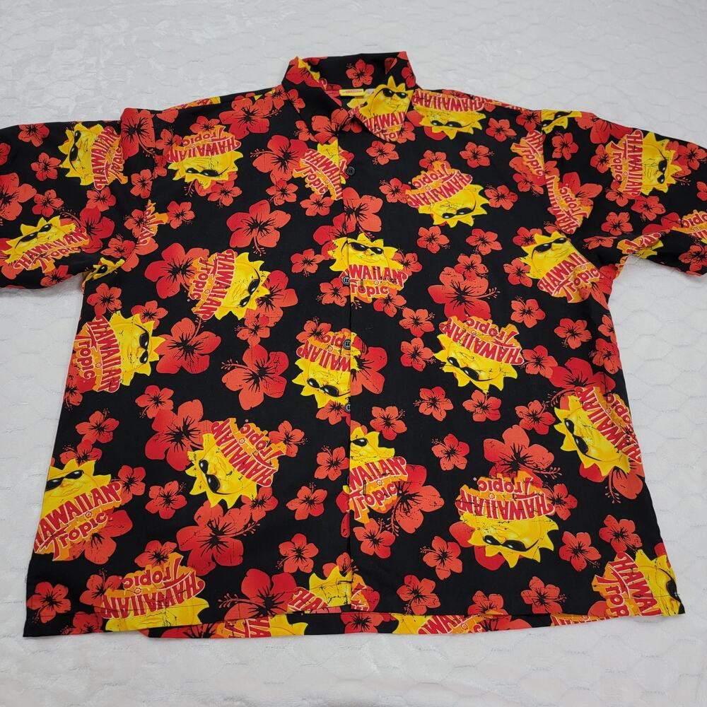 Hawaiian Tropic Sun Logo Shirt XXL 2XL Black Red Hibiscus Aloha Promotional Y2K